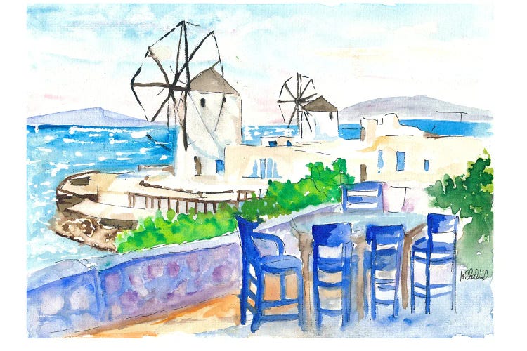 Whimsical Mykonos A Serene Seaside View With Windmills