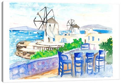 Whimsical Mykonos A Serene Seaside View With Windmills Canvas Art Print - Markus & Martina Bleichner