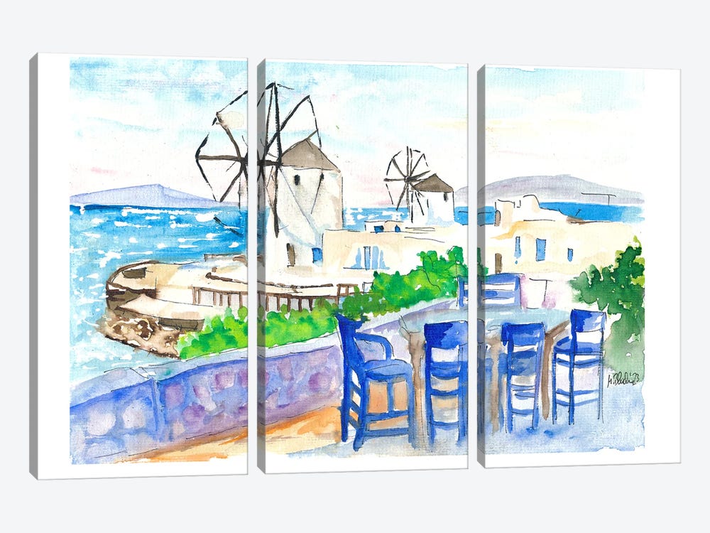 Whimsical Mykonos A Serene Seaside View With Windmills by Markus & Martina Bleichner 3-piece Canvas Art Print