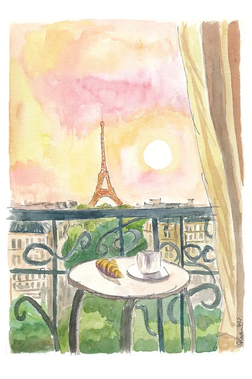 Paris France Balcony View With Croissant And Coffee