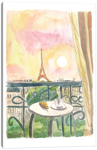 Paris France Balcony View With Croissant And Coffee Canvas Art Print - Paris Art