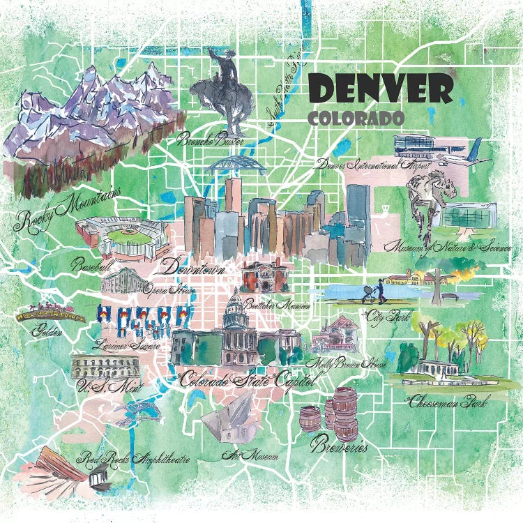 Denver Colorado USA Illustrated Map by Markus & Martina Bleichner wall art