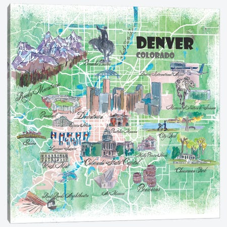 Denver Colorado USA Illustrated Map Canvas Print #MMB100} by Markus & Martina Bleichner Canvas Art