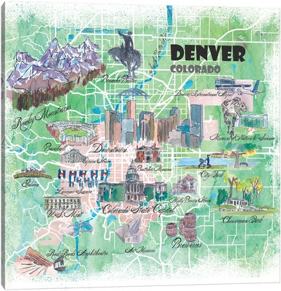 Denver Colorado USA Illustrated Map Canvas Art Print - Denver Art