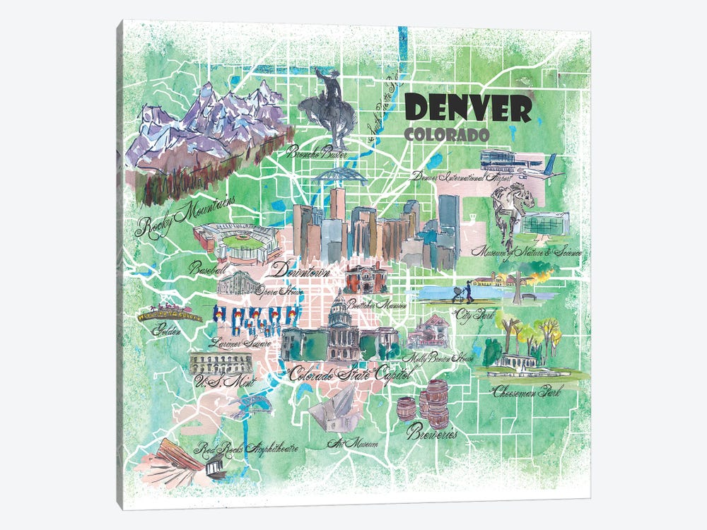 Denver Colorado USA Illustrated Map by Markus & Martina Bleichner 1-piece Canvas Art