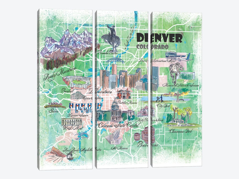 Denver Colorado USA Illustrated Map by Markus & Martina Bleichner 3-piece Canvas Artwork