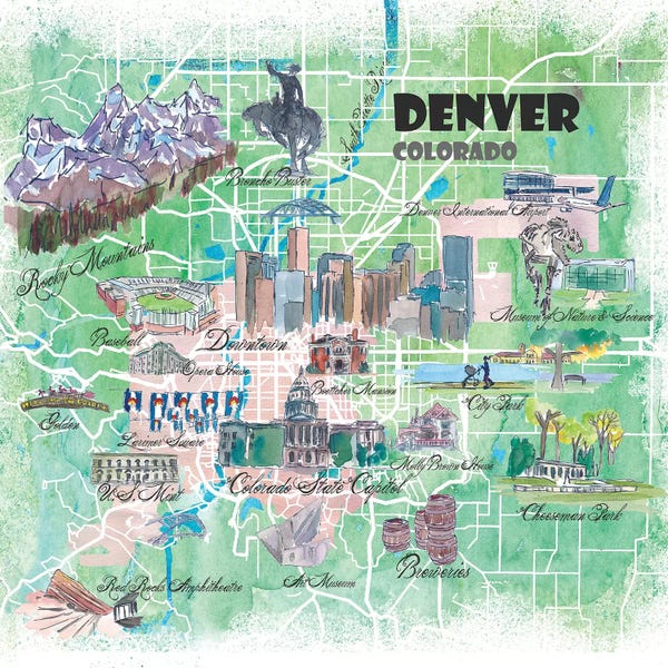 Kids Map Art: Denver Colorado USA Illustrated Map by Markus & Martina Bleichner