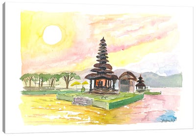 Bali Fascinating Pura Bratan Temple With Sun Over The Lake Canvas Art Print - Indonesia Art
