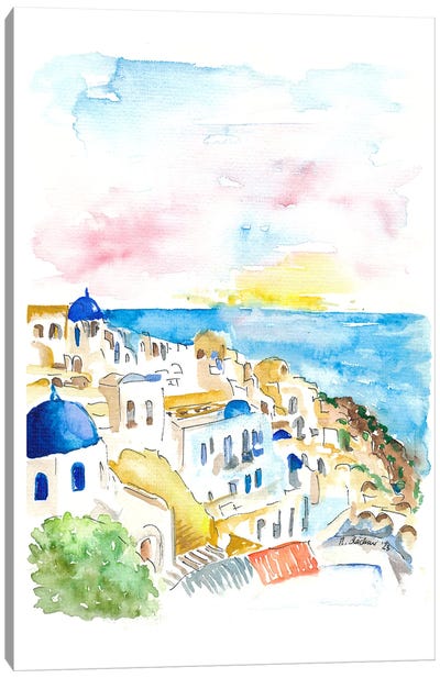 Santorini Oia Blue Domes And The Sea Canvas Art Print - Famous Places of Worship