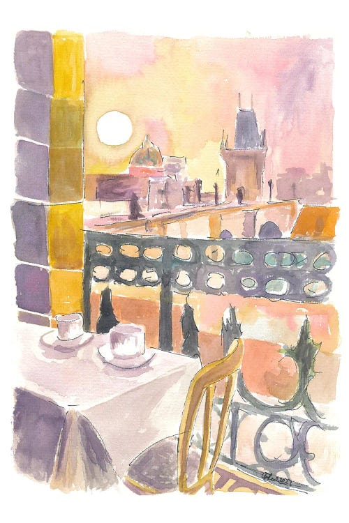 Prague Czech Republic Cafe Table With View Of Karluv Most Bridge by Markus & Martina Bleichner wall art