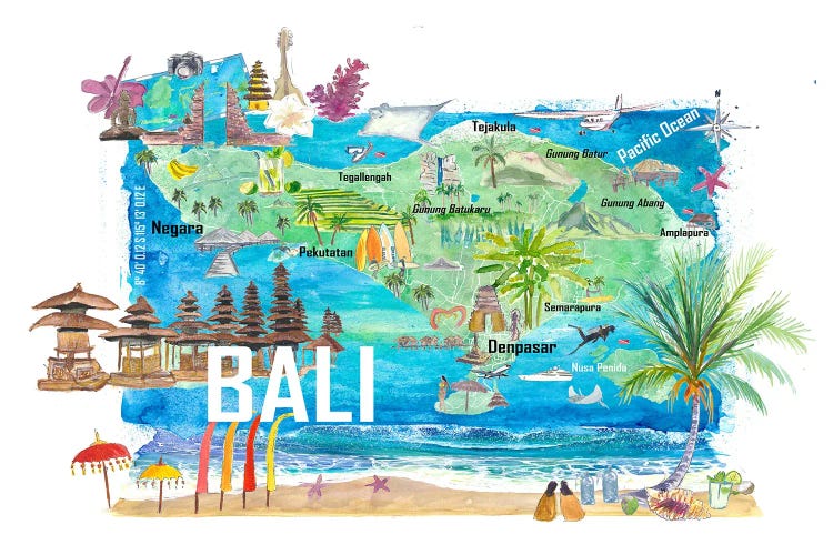 Bali Illustrated Island Travel Map With Tourist Highlights Of Indonesia by Markus & Martina Bleichner wall art