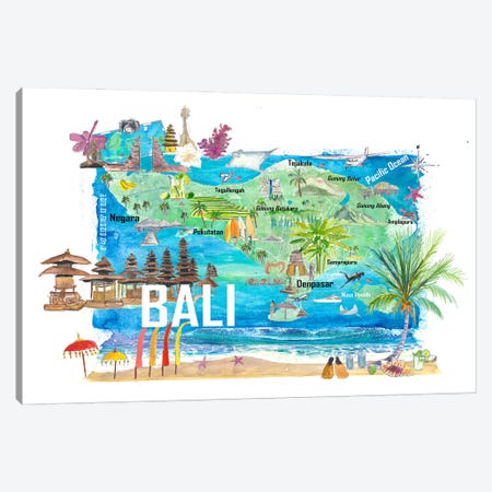 Bali Illustrated Island Travel Map With Tourist Highlights Of Indonesia Canvas Print #MMB1019} by Markus & Martina Bleichner Art Print