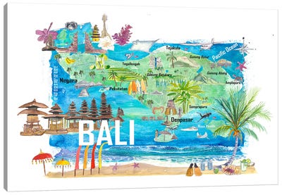 Bali Illustrated Island Travel Map With Tourist Highlights Of Indonesia Canvas Art Print - 3-Piece Map Art