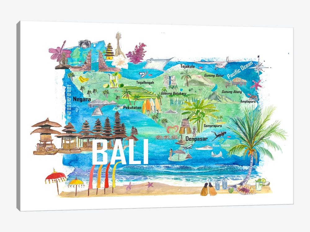 Bali Illustrated Island Travel Map With Tourist Highlights Of Indonesia by Markus & Martina Bleichner 1-piece Canvas Artwork