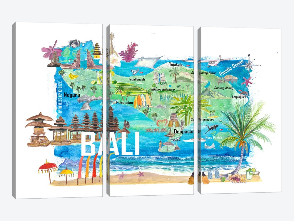 Bali Illustrated Island Travel Map With Tourist Highlights Of Indonesia by Markus & Martina Bleichner 3-piece Canvas Wall Art