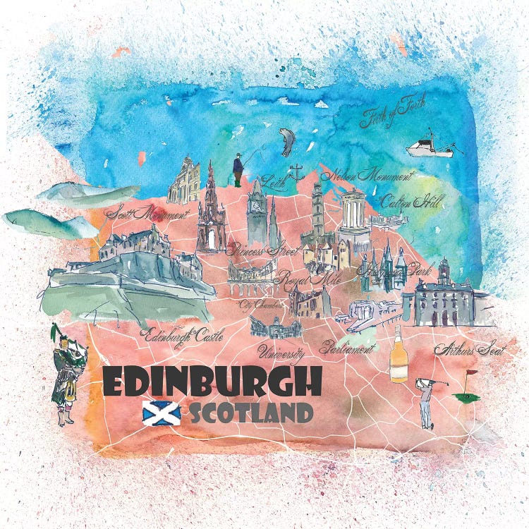 Edinburgh Scotland Illustrated Map by Markus & Martina Bleichner wall art