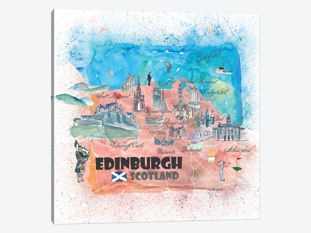 Edinburgh Scotland Illustrated Map by Markus & Martina Bleichner 1-piece Canvas Art Print