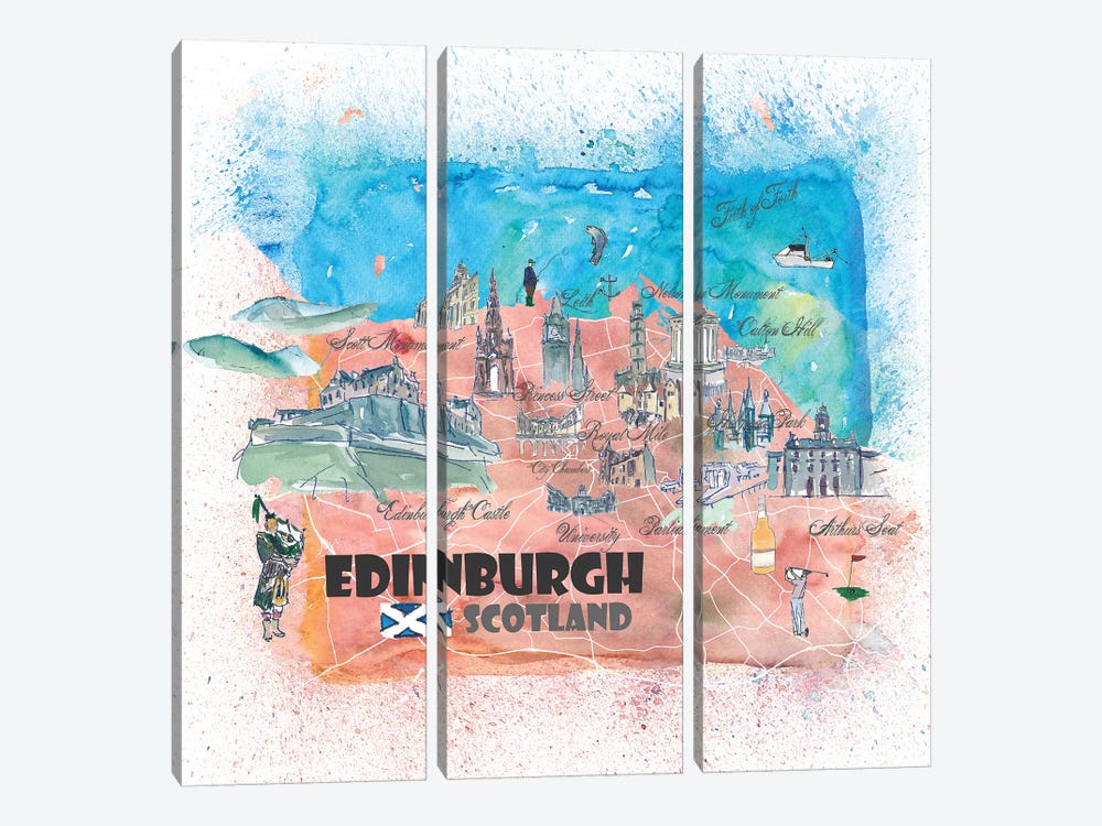 Edinburgh Scotland Illustrated Map by Markus & Martina Bleichner 3-piece Art Print