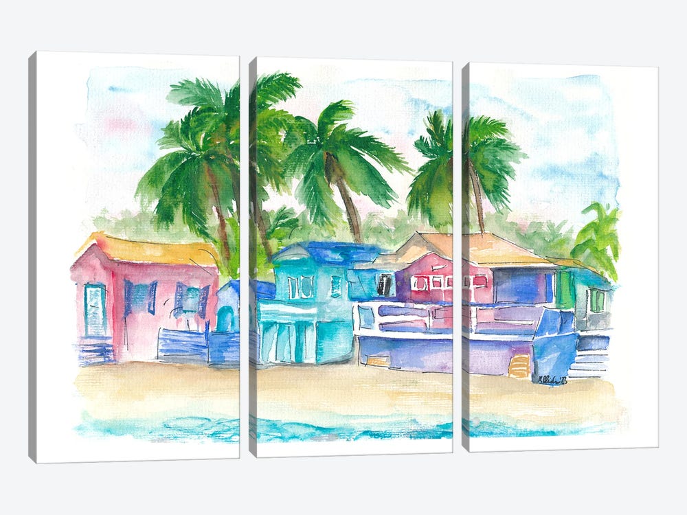 Colorful Tropical Houses At The Caribbean Dream Beach Island by Markus & Martina Bleichner 3-piece Canvas Artwork