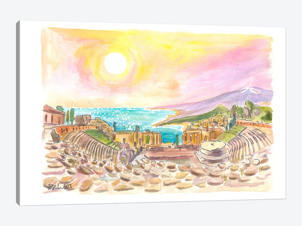 Incredible View Of Ancient Teatro Antico Taormina Sicily With View Of Mount Etna by Markus & Martina Bleichner 1-piece Canvas Wall Art