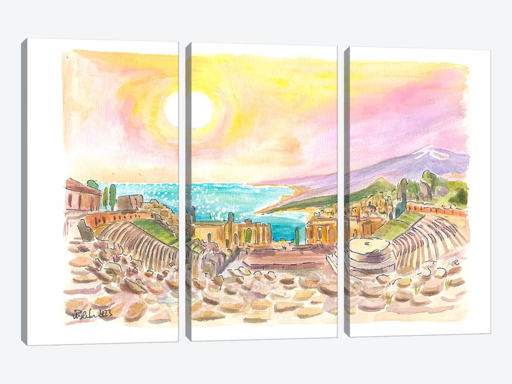 Incredible View Of Ancient Teatro Antico Taormina Sicily With View Of Mount Etna by Markus & Martina Bleichner 3-piece Canvas Artwork
