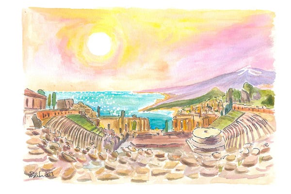 Markus & Martina Bleichner: Incredible View Of Ancient Teatro Antico Taormina Sicily With View Of Mount Etna by Markus & Martina Bleichner