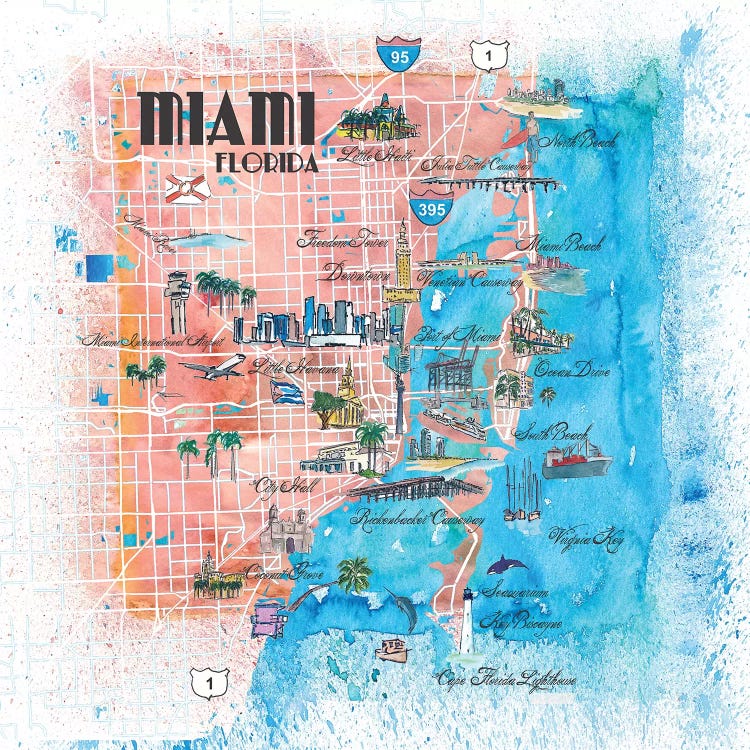 Miami Florida Illustrated Map by Markus & Martina Bleichner wall art