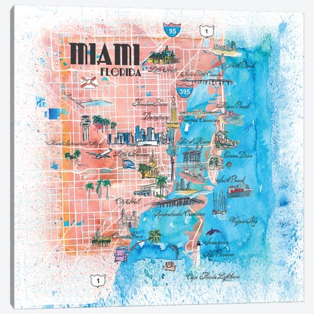 Miami Florida Illustrated Map Canvas Print #MMB102} by Markus & Martina Bleichner Canvas Art
