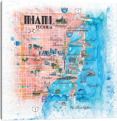 Miami Florida Illustrated Map Canvas Art Print - Miami Maps