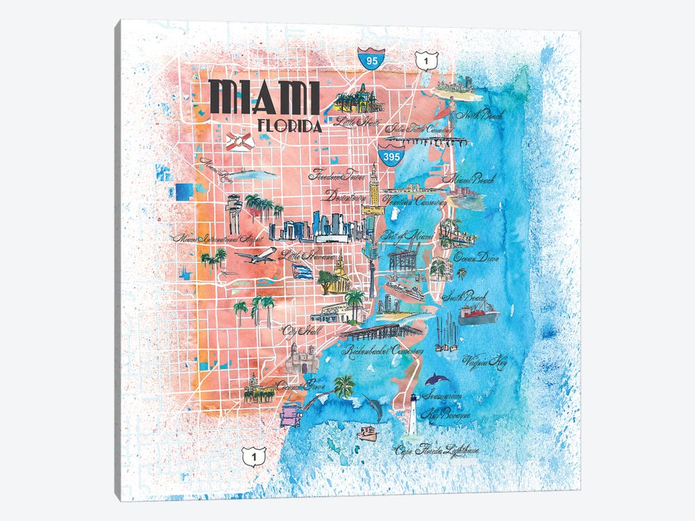 Miami Florida Illustrated Map by Markus & Martina Bleichner 1-piece Canvas Artwork