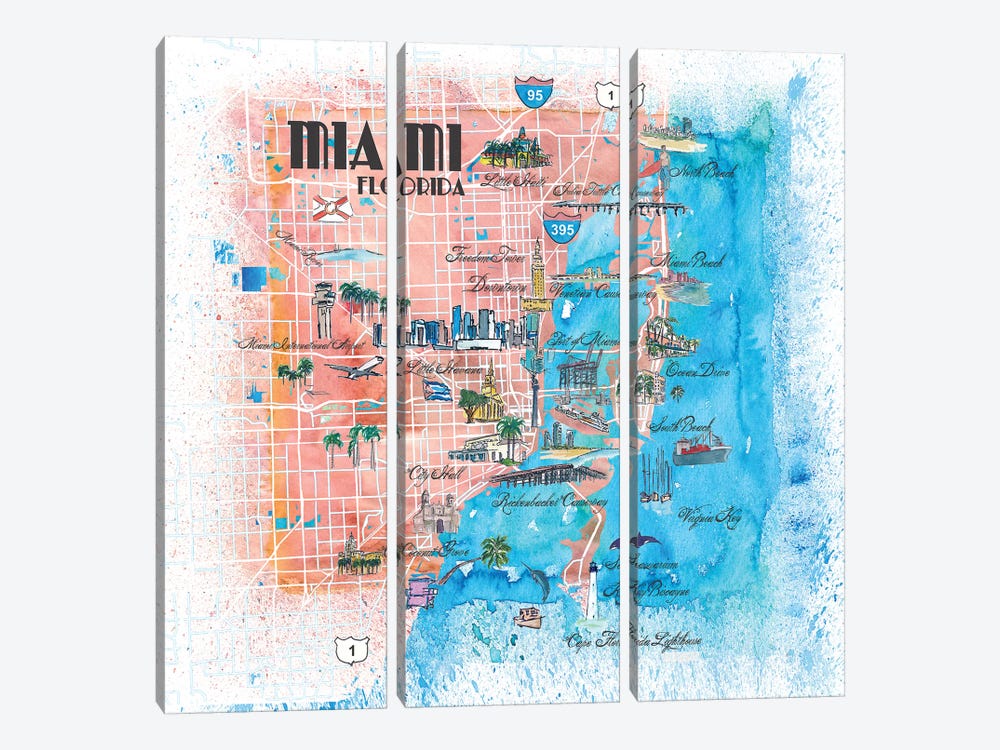 Miami Florida Illustrated Map by Markus & Martina Bleichner 3-piece Canvas Wall Art