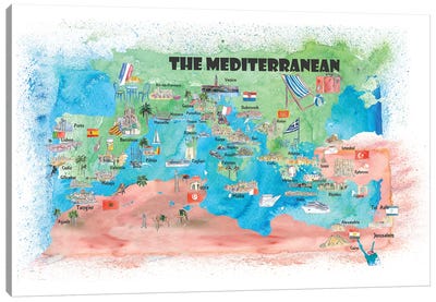 Mediterranean Cruise Travel Poster Map Spain Italy Greece Palma Ibiza Canvas Art Print - Markus & Martina Bleichner