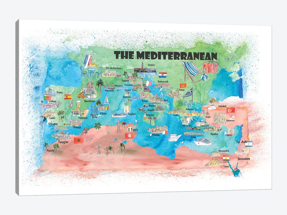 Mediterranean Cruise Travel Poster Map Spain Italy Greece Palma Ibiza by Markus & Martina Bleichner 1-piece Art Print