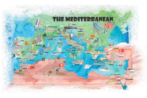 Markus & Martina Bleichner: Mediterranean Cruise Travel Poster Map Spain Italy Greece Palma Ibiza by Markus & Martina Bleichner