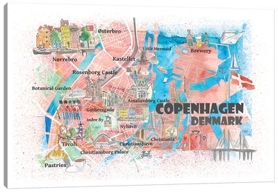 Copenhagen Denmark Illustrated Map With Main Roads Landmarks And Highlights Canvas Art Print - Copenhagen Art