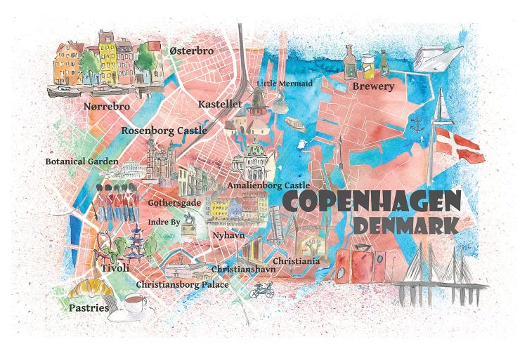 Copenhagen Denmark Illustrated Map With Main Roads Landmarks And Highlights