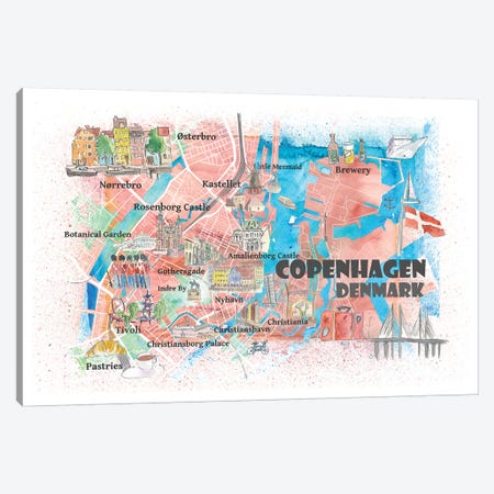 Copenhagen Denmark Illustrated Map With Main Roads Landmarks And Highlights Canvas Print #MMB104} by Markus & Martina Bleichner Art Print