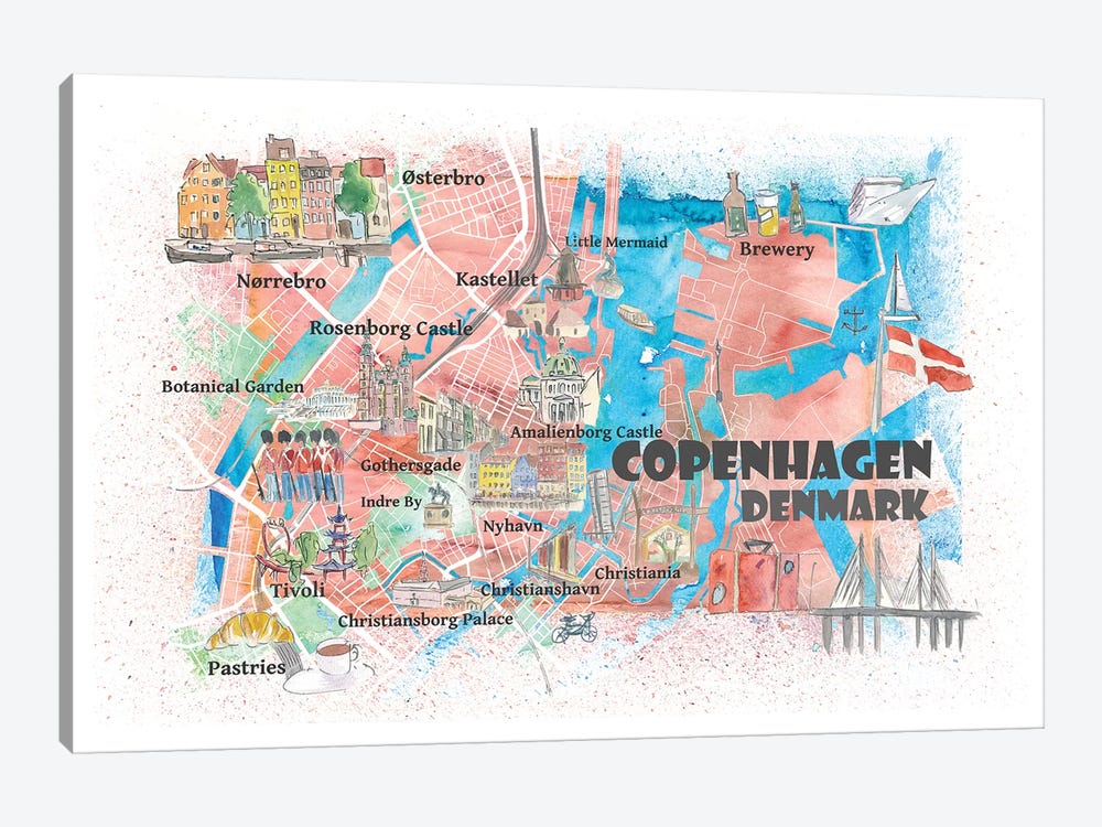 Copenhagen Denmark Illustrated Map With Main Roads Landmarks And Highlights by Markus & Martina Bleichner 1-piece Canvas Artwork
