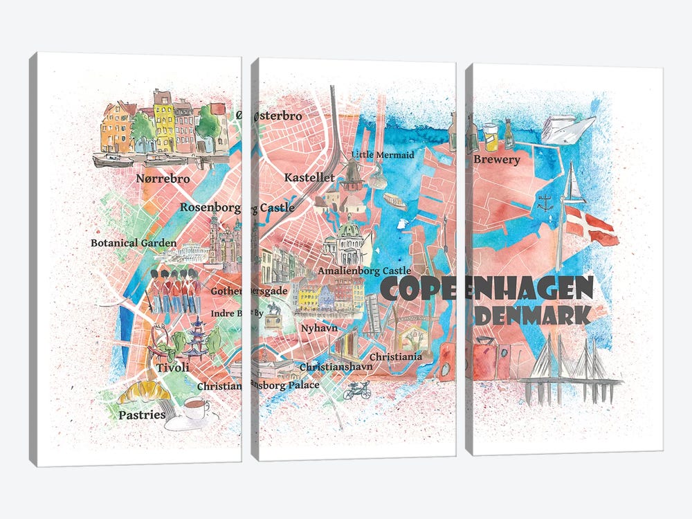 Copenhagen Denmark Illustrated Map With Main Roads Landmarks And Highlights by Markus & Martina Bleichner 3-piece Canvas Wall Art