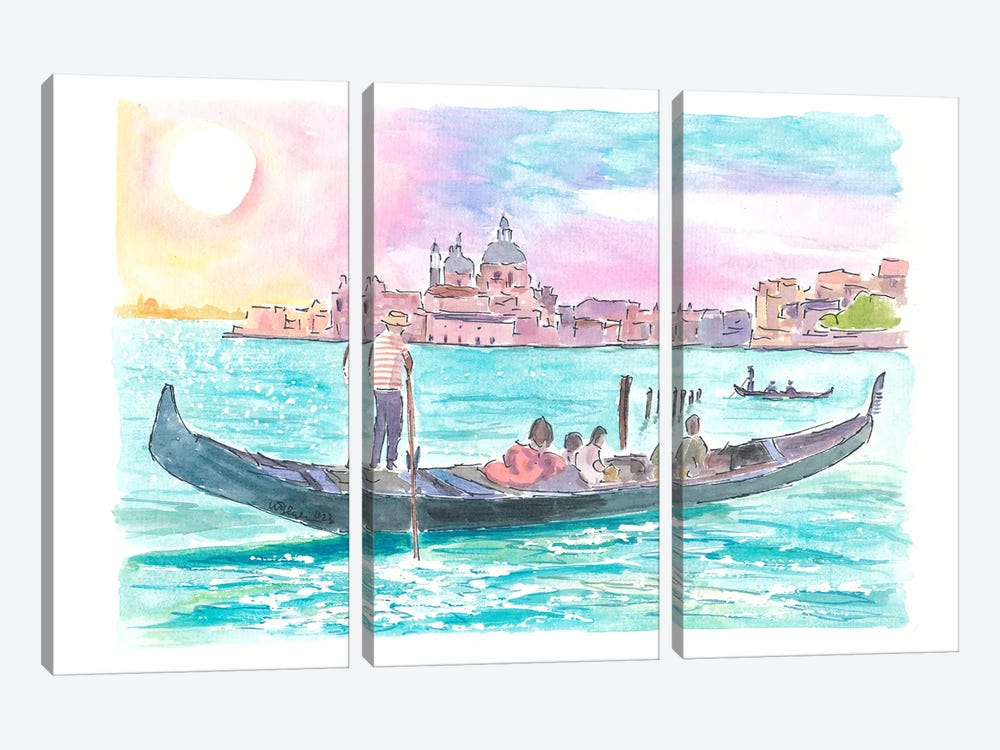 Romantic Gondola Ride Into Venice's Grand Canal With Light Dancing On The Water by Markus & Martina Bleichner 3-piece Canvas Print