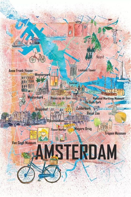 Amsterdam Netherlands Illustrated Map With Main Roads Landmarks And Highlights