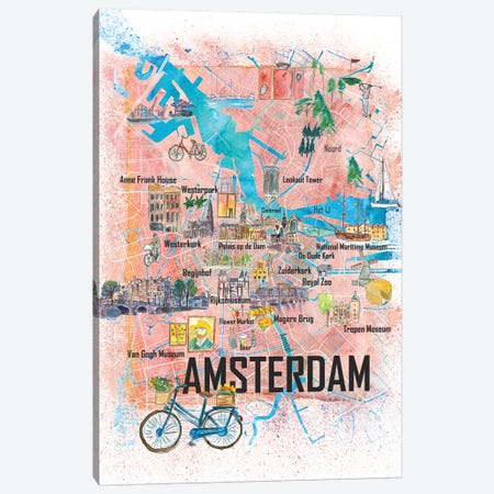 Amsterdam Netherlands Illustrated Map With Main Roads Landmarks And Highlights Canvas Print #MMB105} by Markus & Martina Bleichner Canvas Print