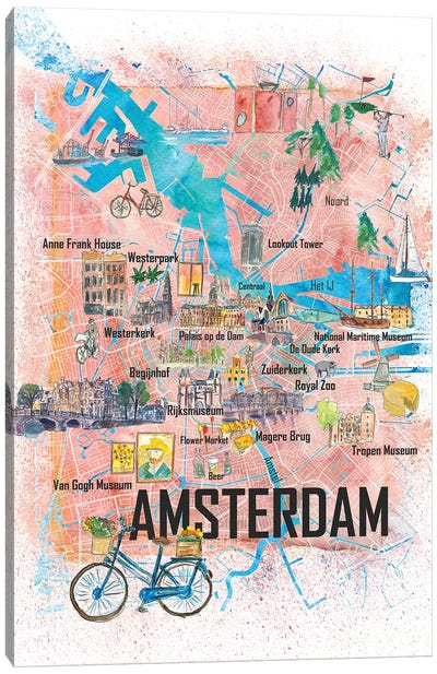 Amsterdam Netherlands Illustrated Map With Main Roads Landmarks And Highlights Canvas Art Print - Amsterdam Maps