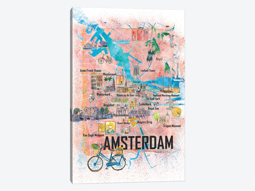 Amsterdam Netherlands Illustrated Map With Main Roads Landmarks And Highlights by Markus & Martina Bleichner 1-piece Canvas Art Print
