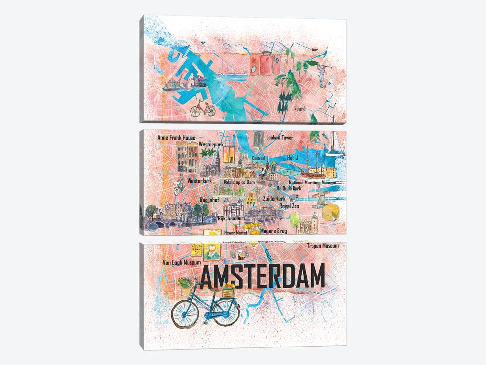 Amsterdam Netherlands Illustrated Map With Main Roads Landmarks And Highlights by Markus & Martina Bleichner 3-piece Canvas Art Print