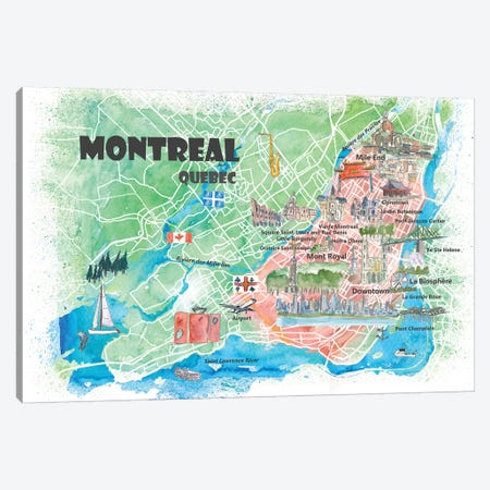 Montreal Quebec Canada Illustrated Map Canvas Print #MMB106} by Markus & Martina Bleichner Art Print