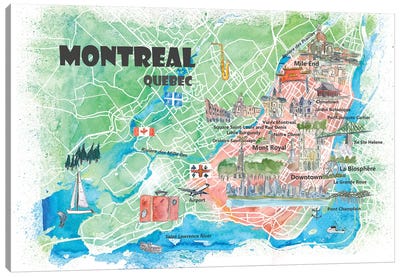 Montreal Quebec Canada Illustrated Map Canvas Art Print - Quebec Art