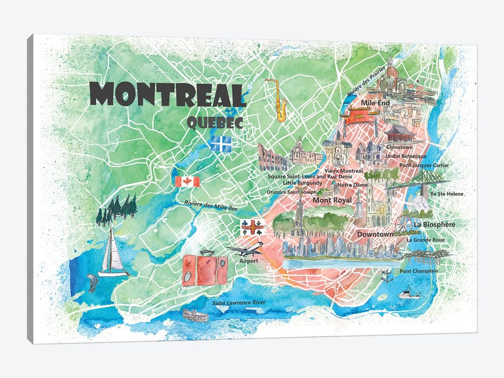 Montreal Quebec Canada Illustrated Map by Markus & Martina Bleichner 1-piece Canvas Art