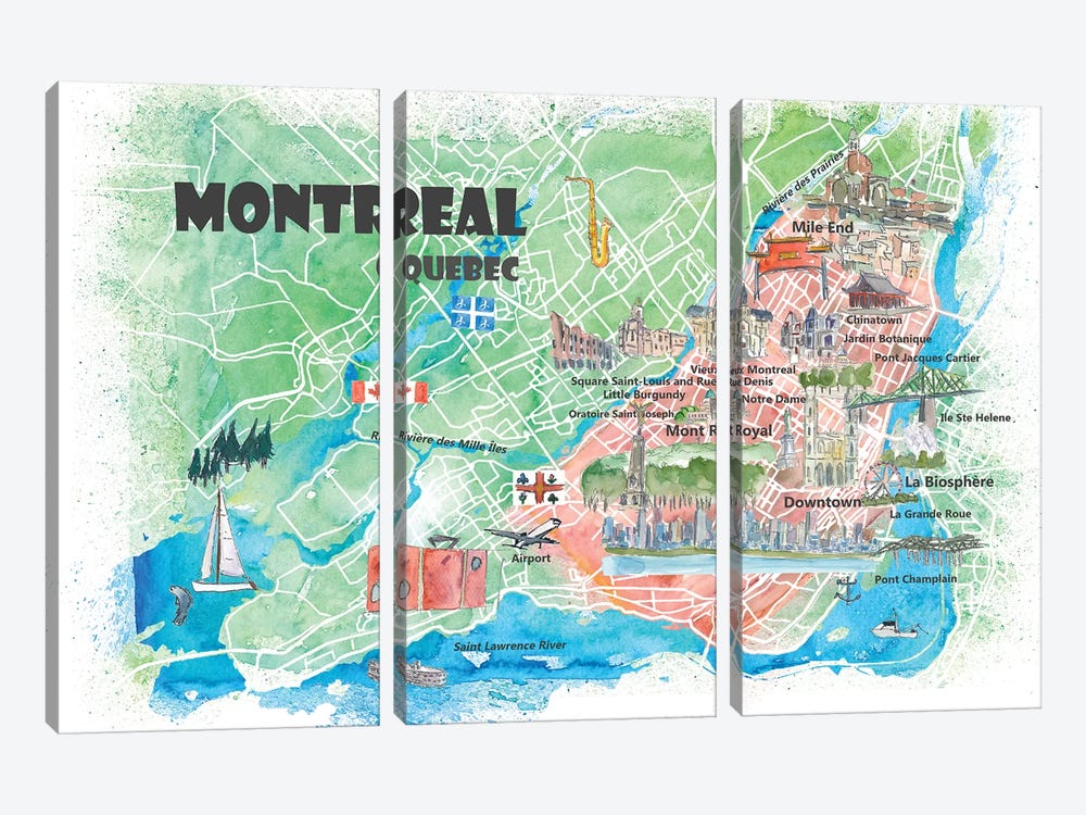 Montreal Quebec Canada Illustrated Map by Markus & Martina Bleichner 3-piece Canvas Art
