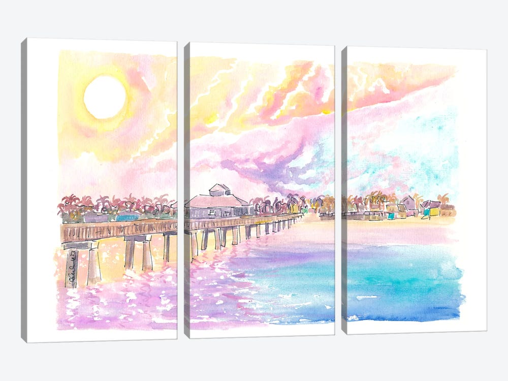 Romance In Fort Myers Florida With Fishing Pier In Sunset by Markus & Martina Bleichner 3-piece Canvas Print